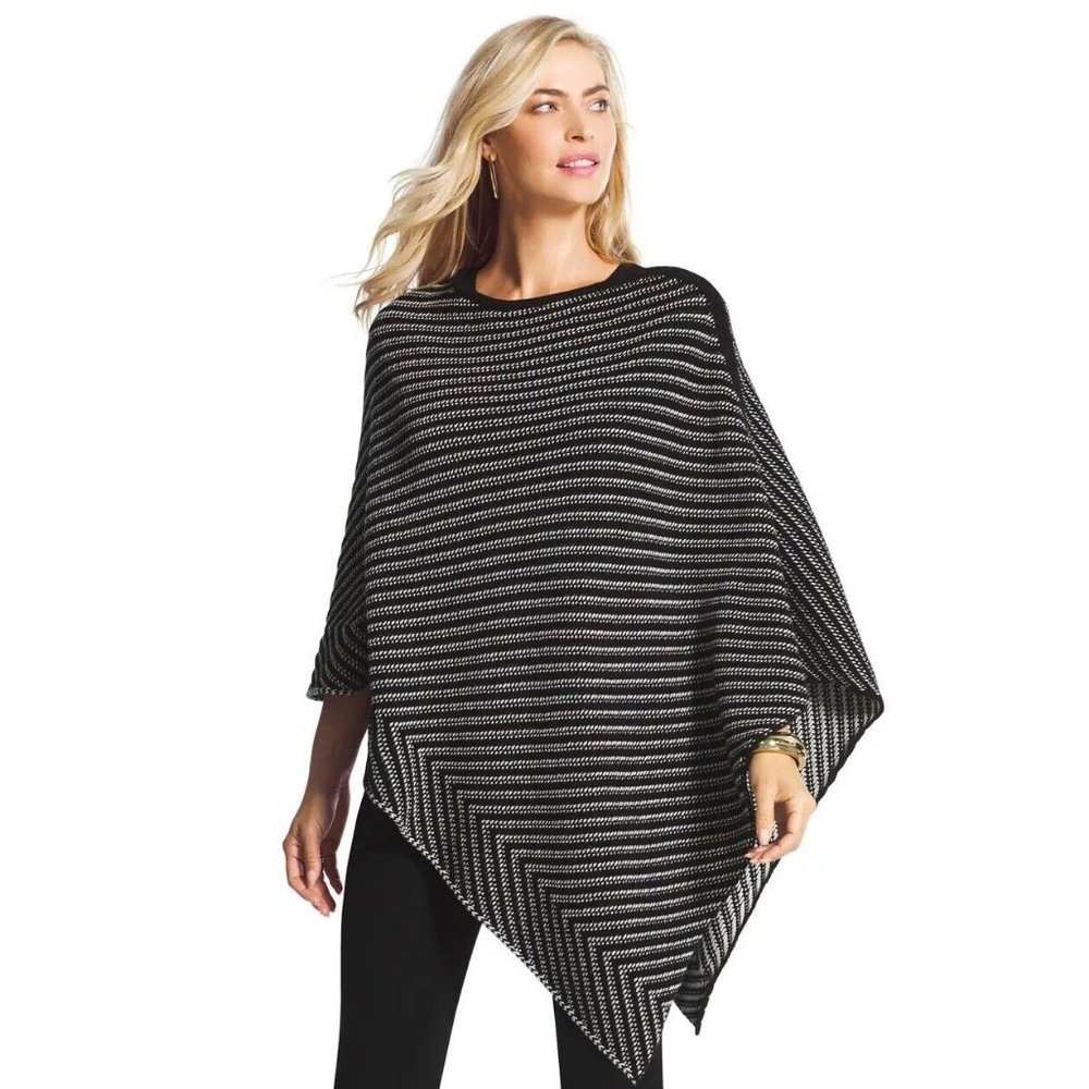 Chico's NWT Carmen Sutton Side Slit Poncho in Black/Ecru One Size Retail $99